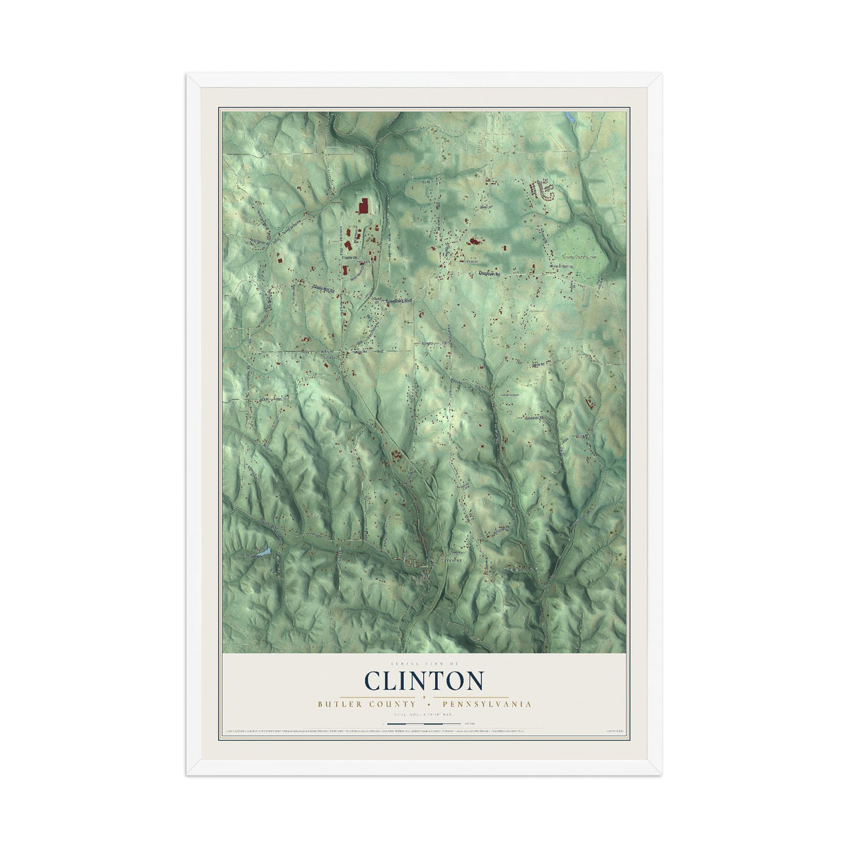 Map of Clinton, Butler County, Pennsylvania, 12 x 18 inch print in a white wood frame