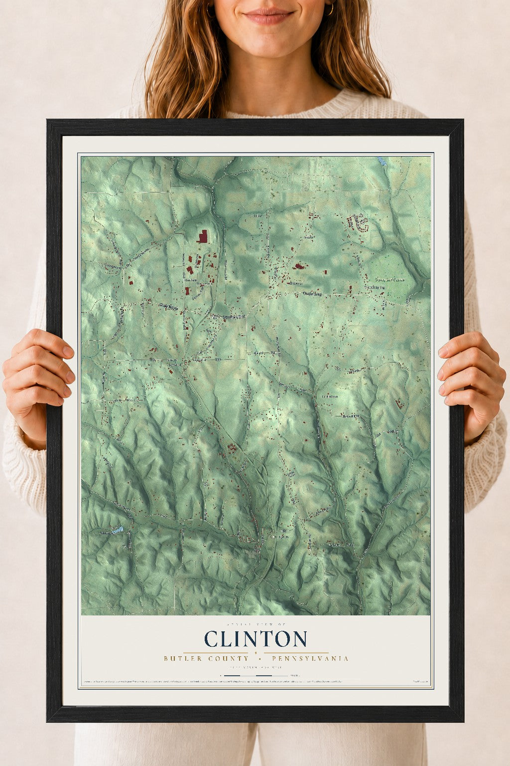 Map of Clinton, Butler County, Pennsylvania, 18 x 24 inch print in a black wood frame