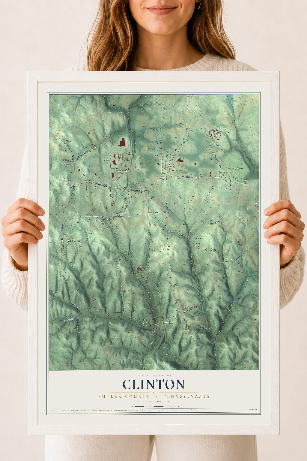 Map of Clinton, Butler County, Pennsylvania, 18 x 24 inch print in a white wood frame