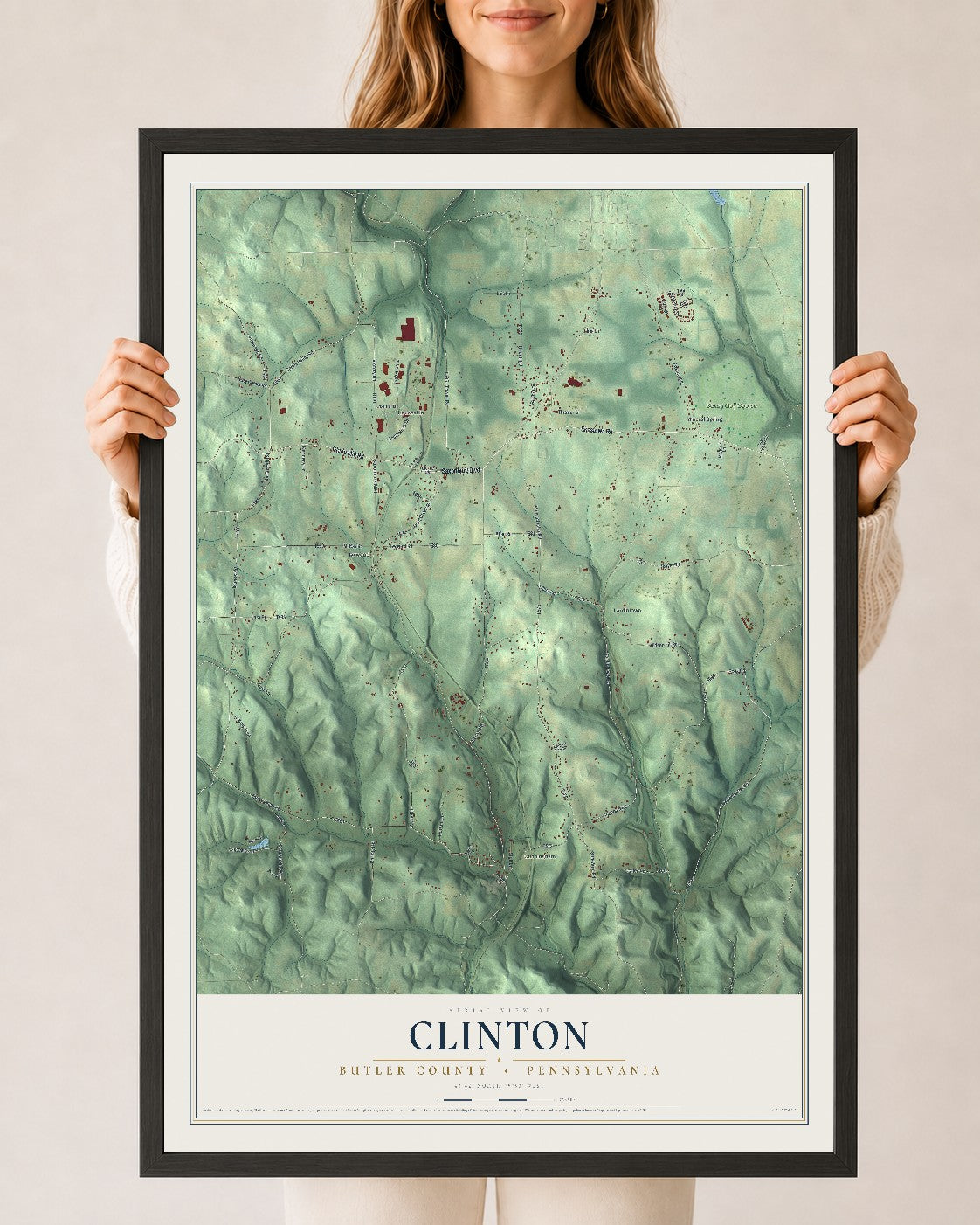 Map of Clinton, Butler County, Pennsylvania, 24 x 36 inch print in a black wood frame