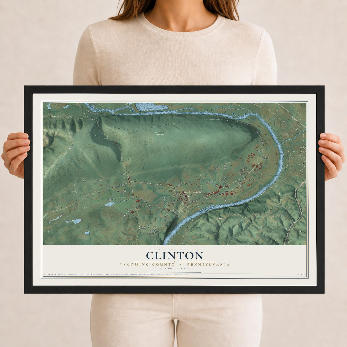 Map of Clinton, Lycoming County, Pennsylvania, 12 x 18 inch print in a black wood frame