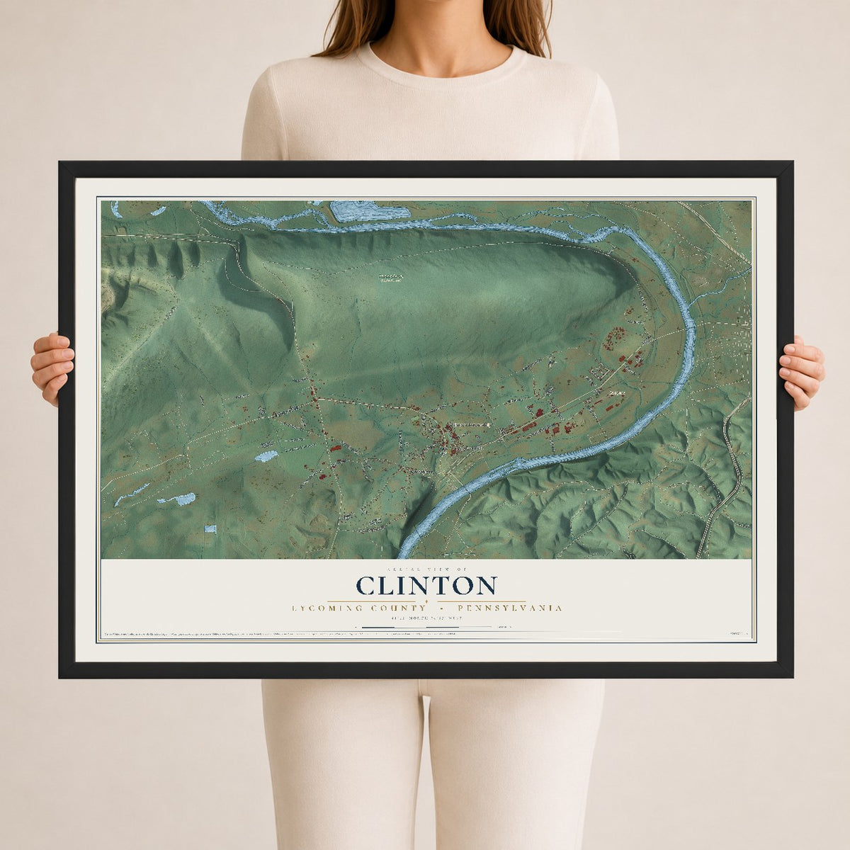 Map of Clinton, Lycoming County, Pennsylvania, 24 x 36 inch print in a black wood frame