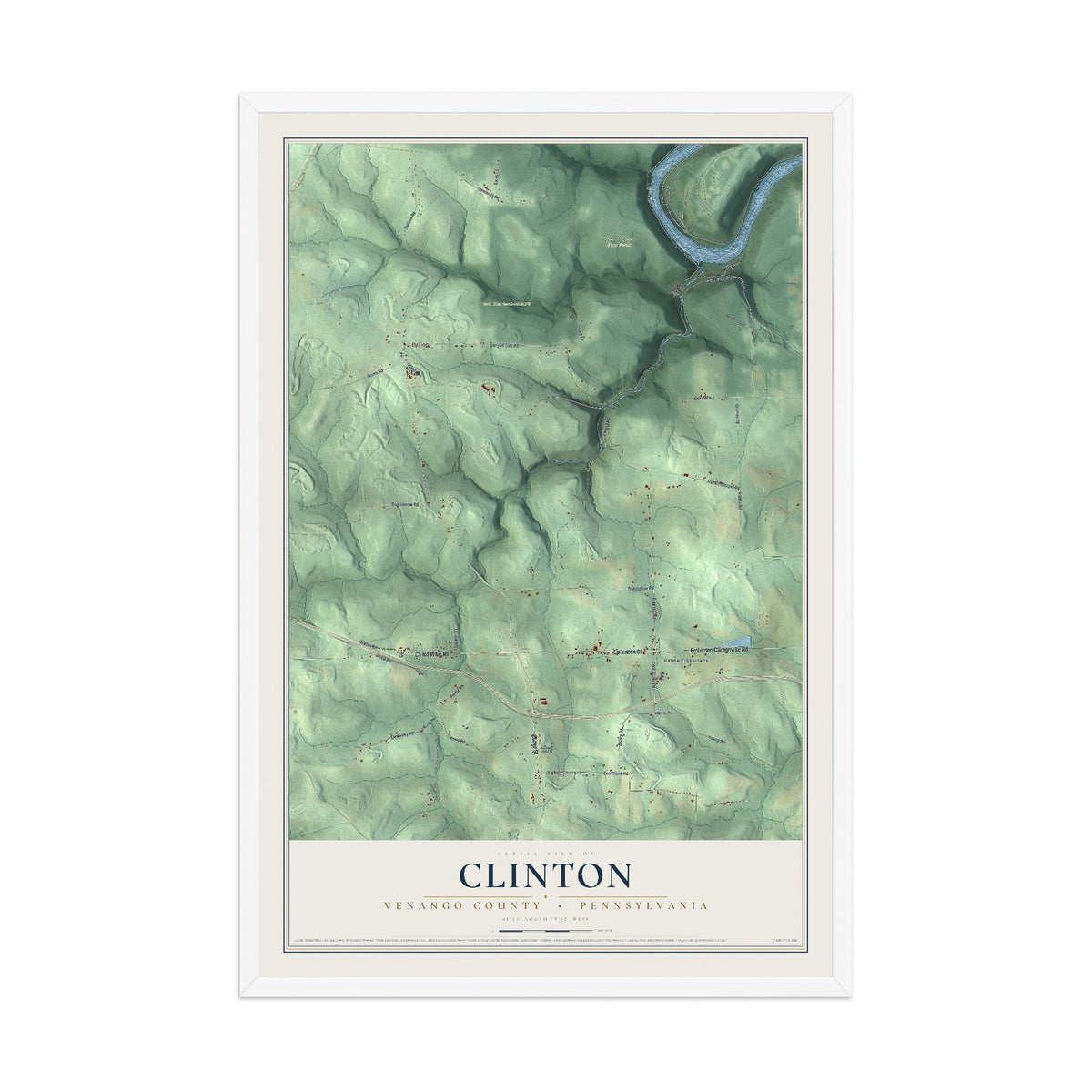 Map of Clinton, Venango County, Pennsylvania, 12 x 18 inch print in a white wood frame