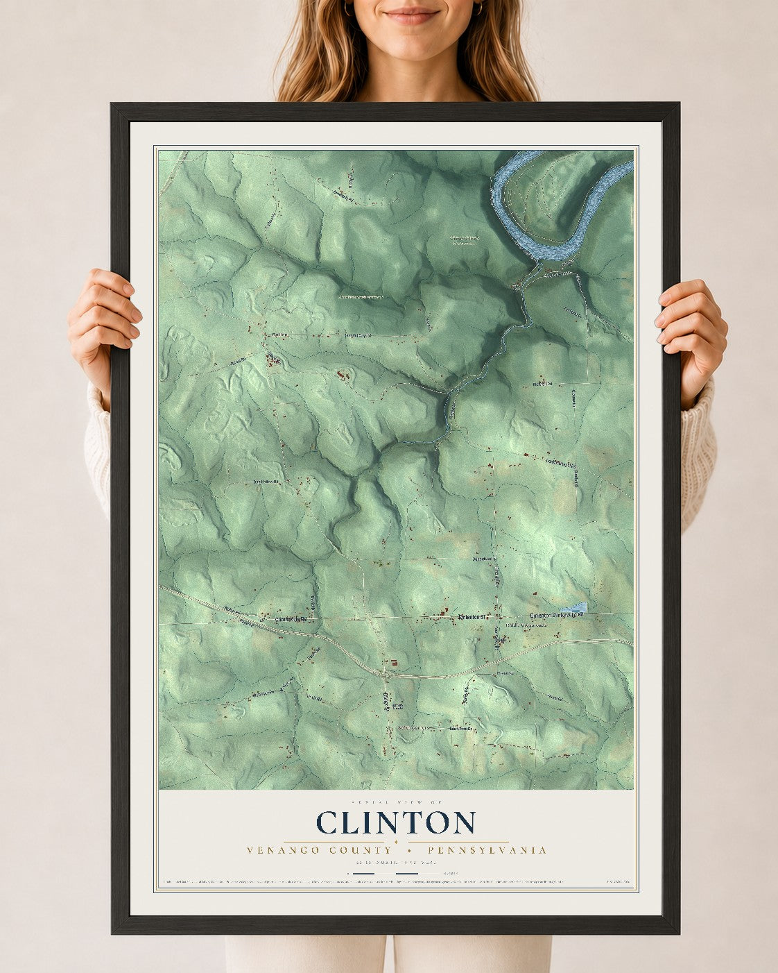 Map of Clinton, Venango County, Pennsylvania, 24 x 36 inch print in a black wood frame