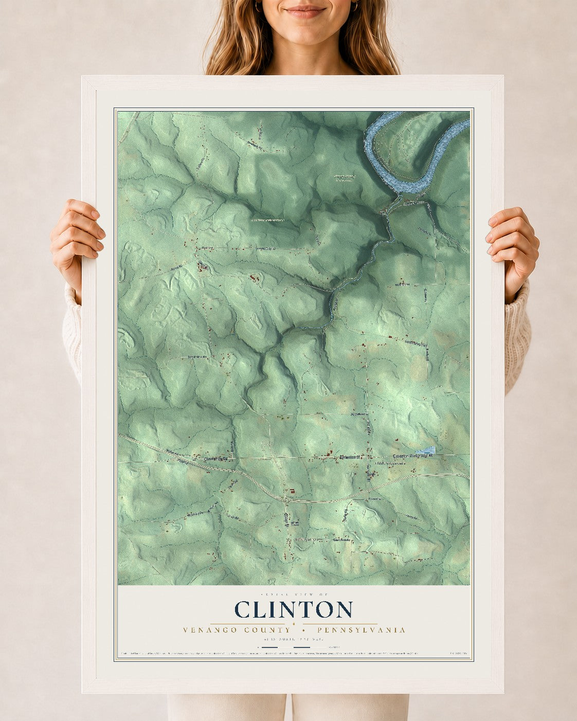 Map of Clinton, Venango County, Pennsylvania, 24 x 36 inch print in a white wood frame