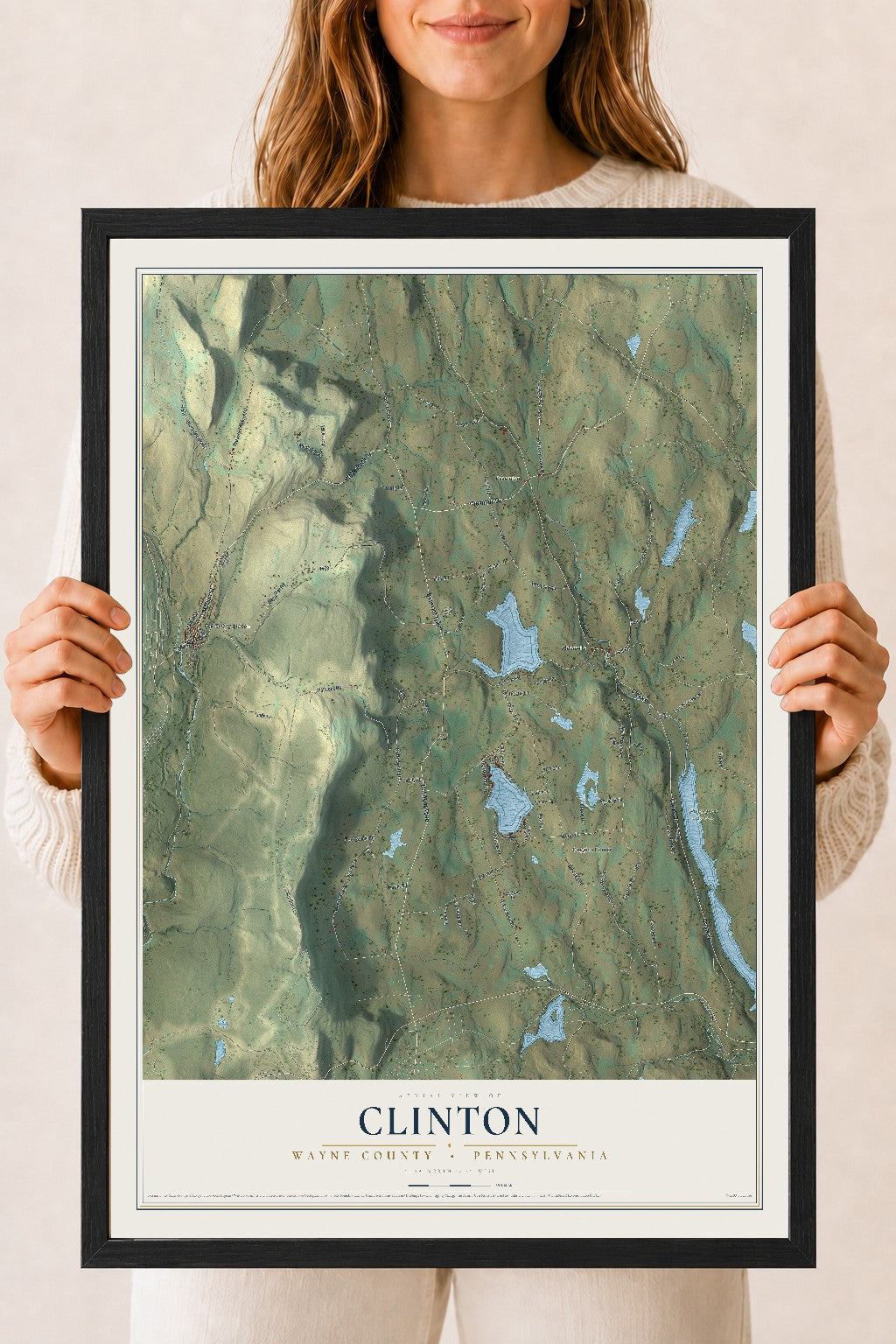 Map of Clinton, Wayne County, Pennsylvania, 18 x 24 inch print in a black wood frame