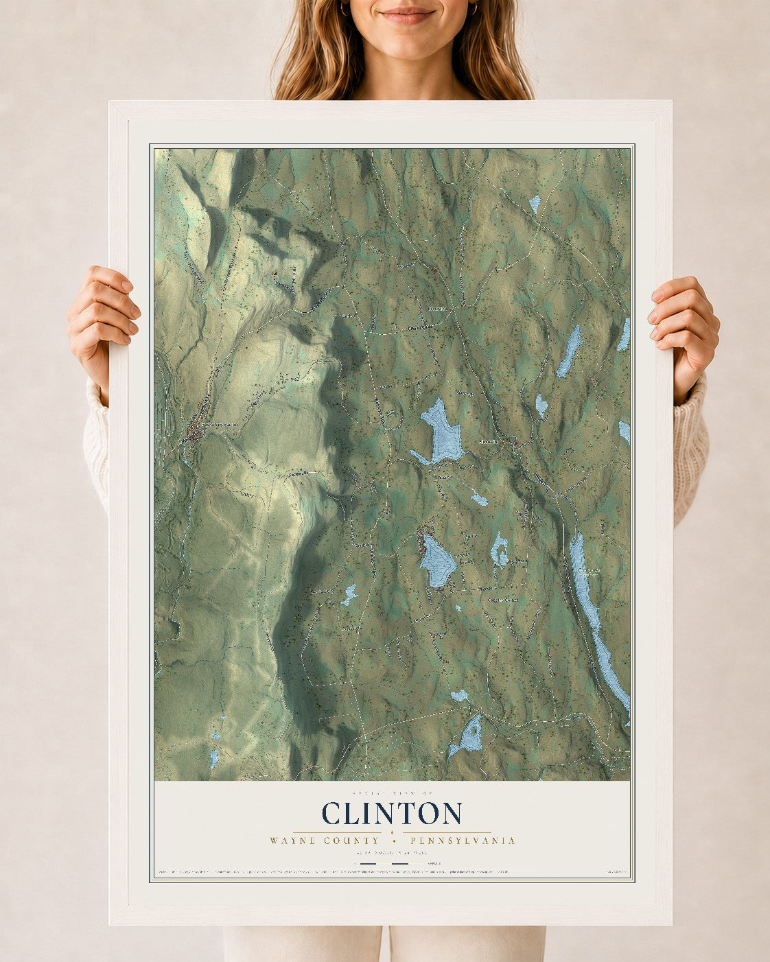Map of Clinton, Wayne County, Pennsylvania, 24 x 36 inch print in a white wood frame