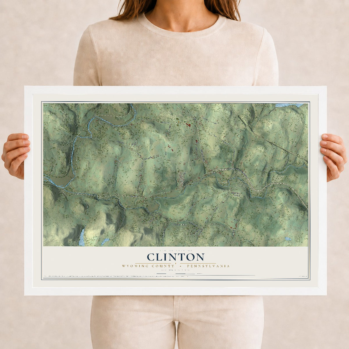 Map of Clinton, Wyoming County, Pennsylvania, 12 x 18 inch print in a white wood frame