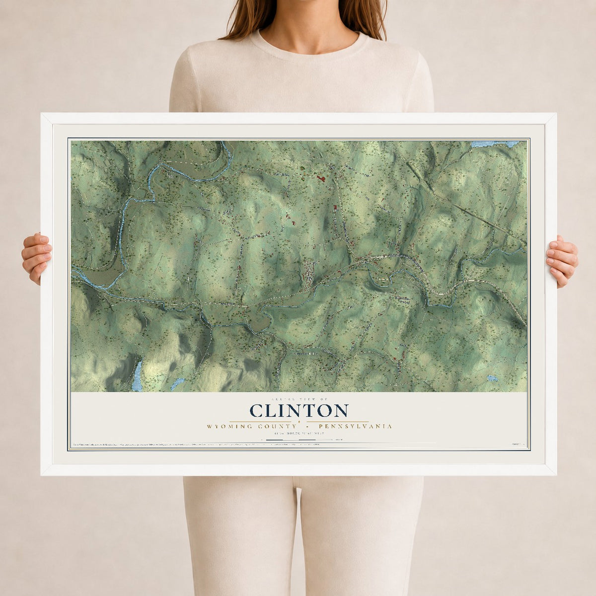 Map of Clinton, Wyoming County, Pennsylvania, 24 x 36 inch print in a white wood frame