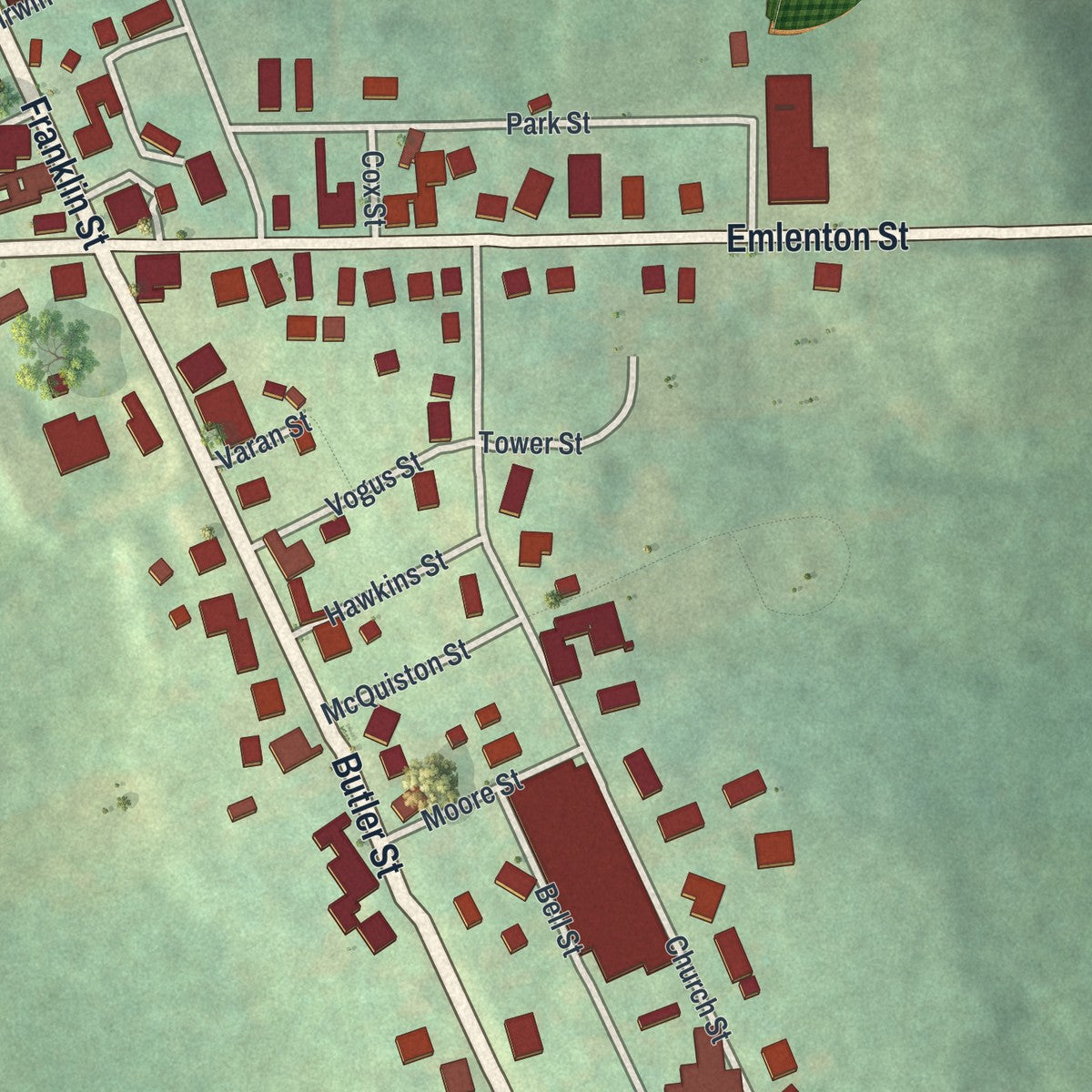Close-up of the map of Clintonville, Pennsylvania print showing street and building detail