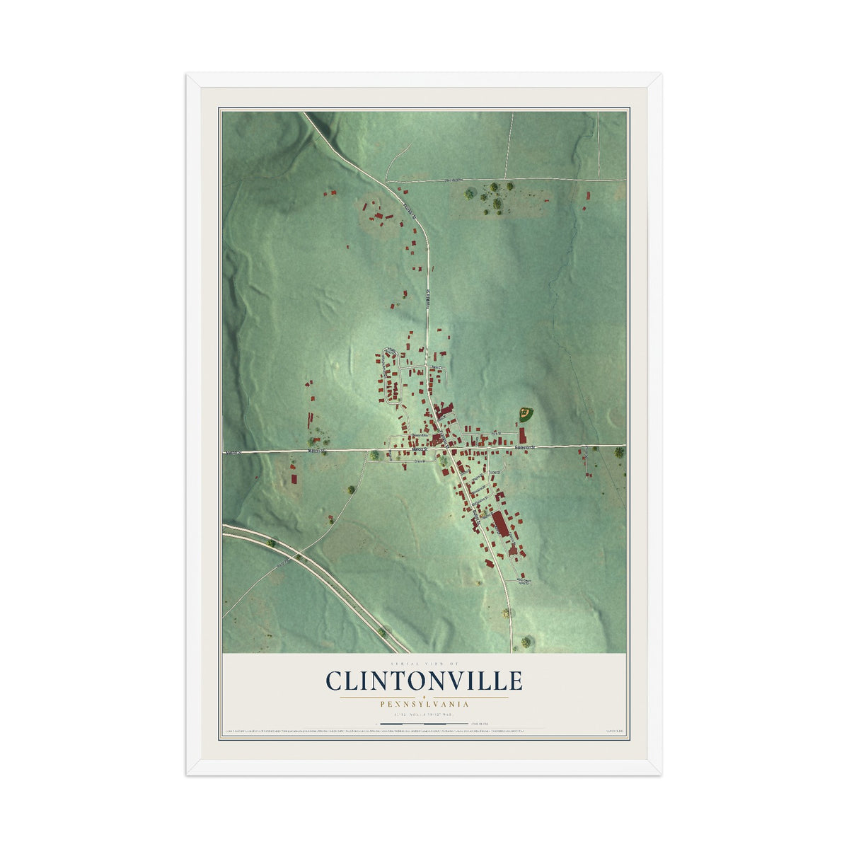 Map of Clintonville, Pennsylvania, 12 x 18 inch print in a white wood frame