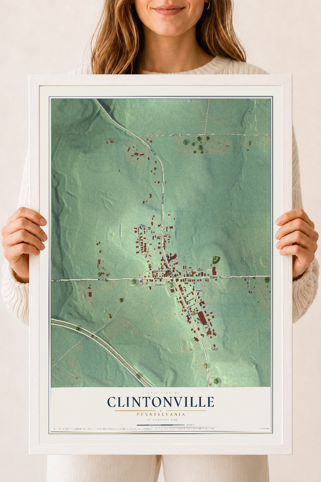 Map of Clintonville, Pennsylvania, 18 x 24 inch print in a white wood frame