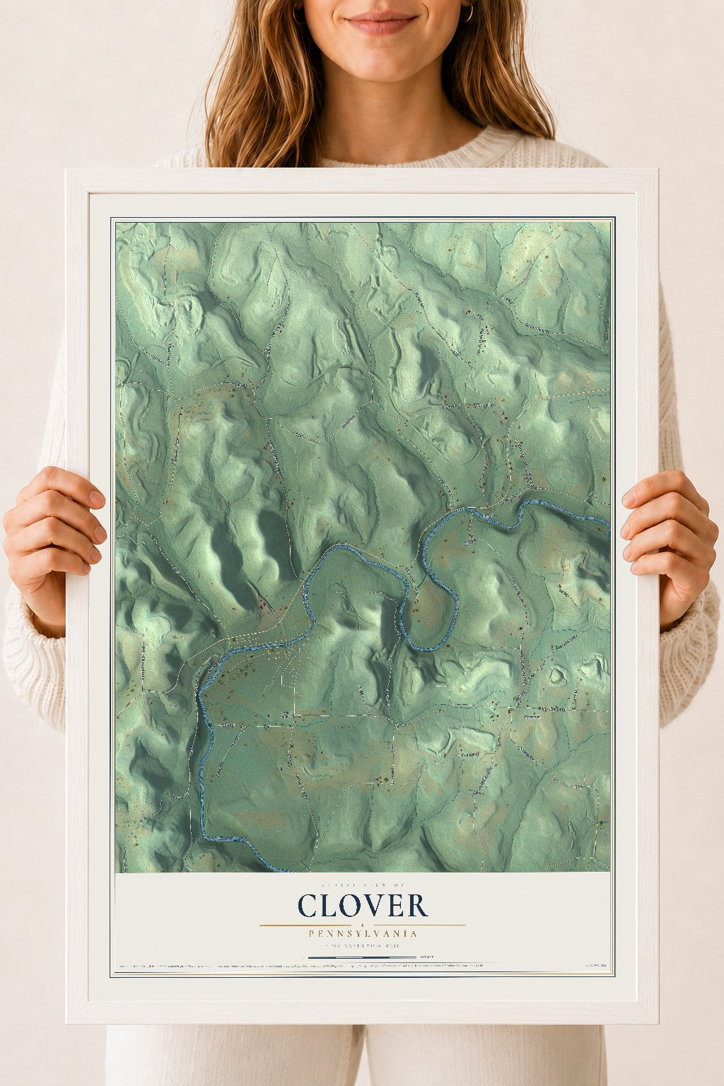 Map of Clover, Pennsylvania, 18 x 24 inch print in a white wood frame