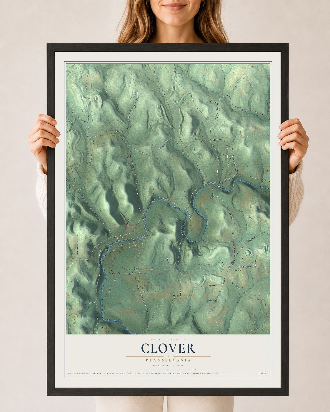 Map of Clover, Pennsylvania, 24 x 36 inch print in a black wood frame