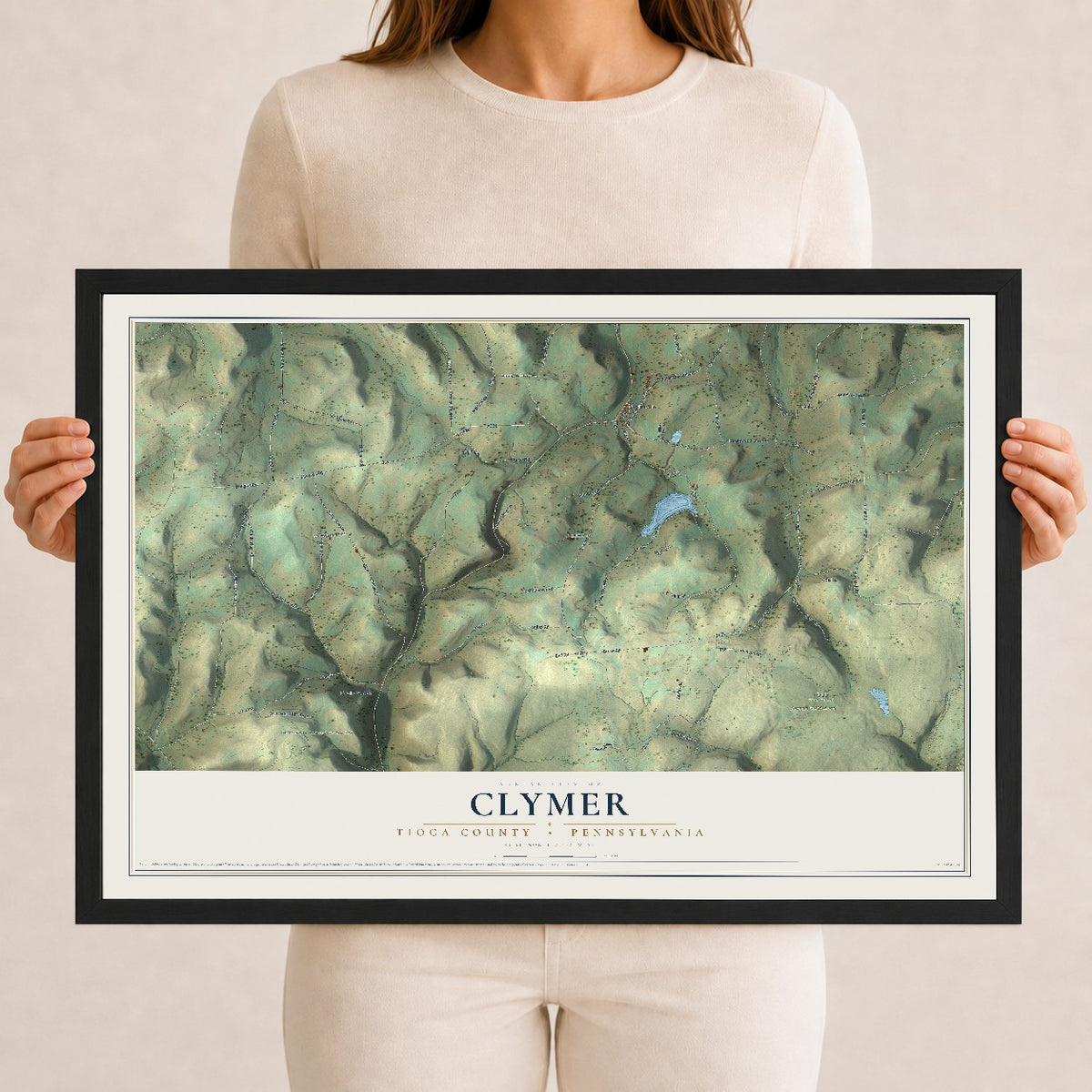 Map of Clymer, Tioga County, Pennsylvania, 12 x 18 inch print in a black wood frame