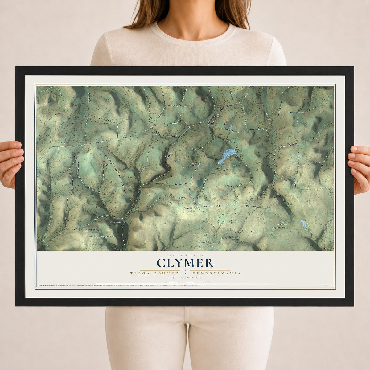 Map of Clymer, Tioga County, Pennsylvania, 18 x 24 inch print in a black wood frame
