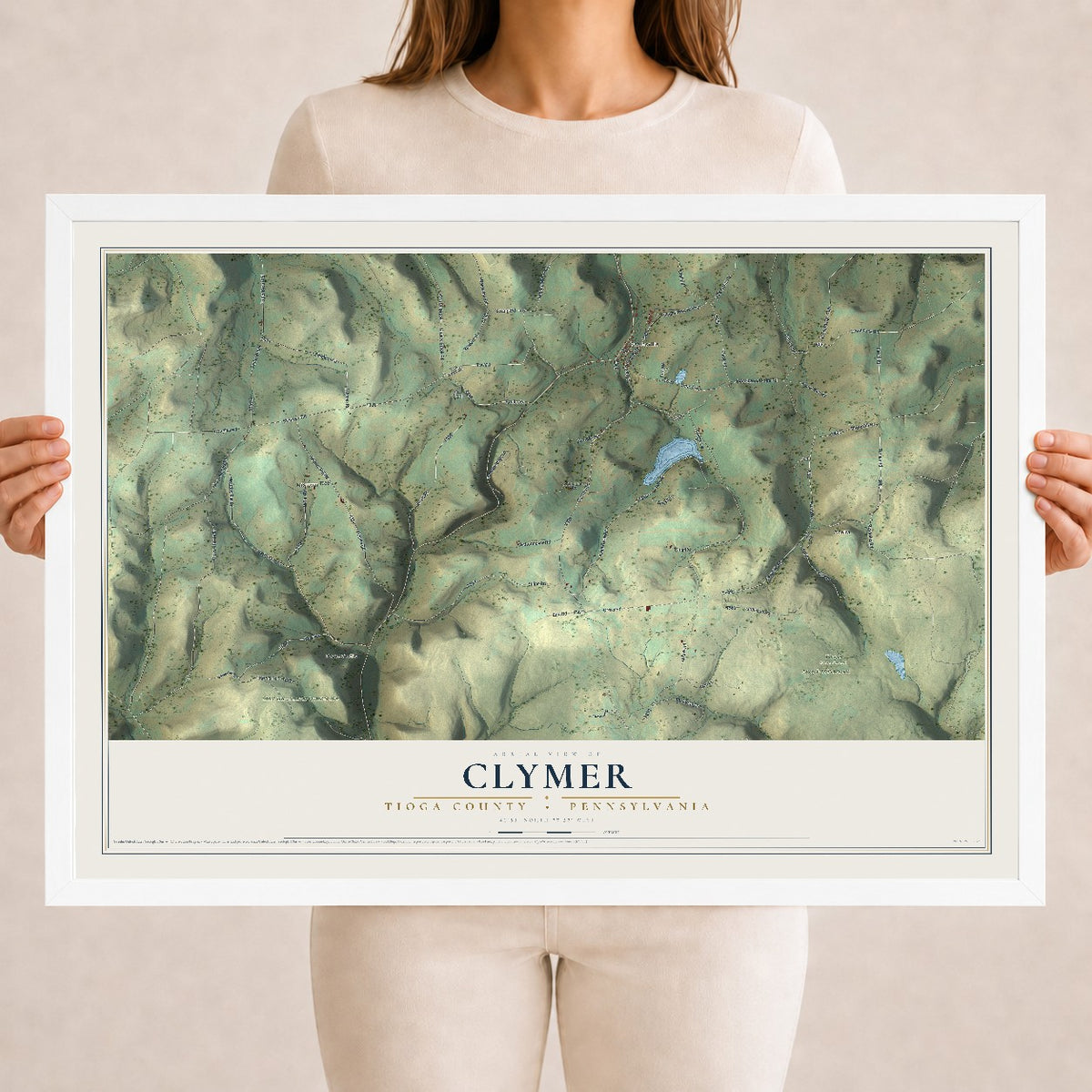 Map of Clymer, Tioga County, Pennsylvania, 18 x 24 inch print in a white wood frame