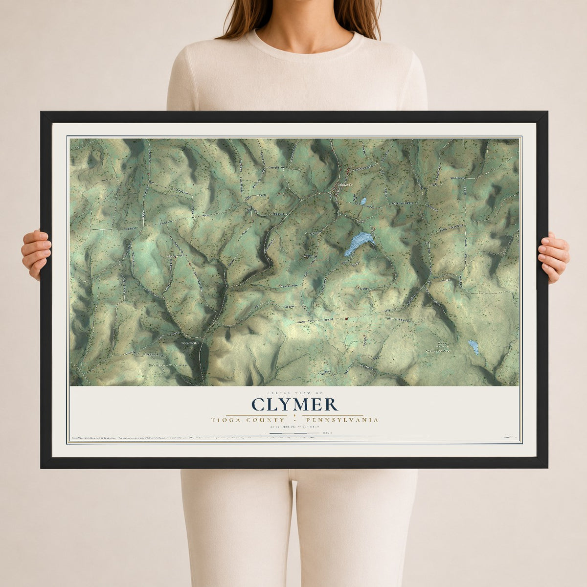 Map of Clymer, Tioga County, Pennsylvania, 24 x 36 inch print in a black wood frame