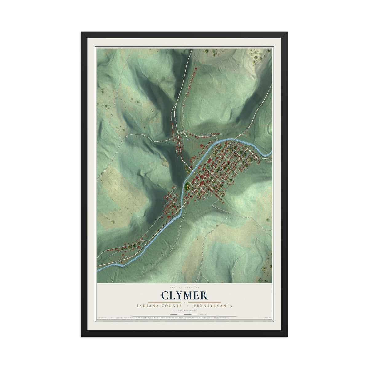 Map of Clymer, Indiana County, Pennsylvania, 12 x 18 inch print in a black wood frame