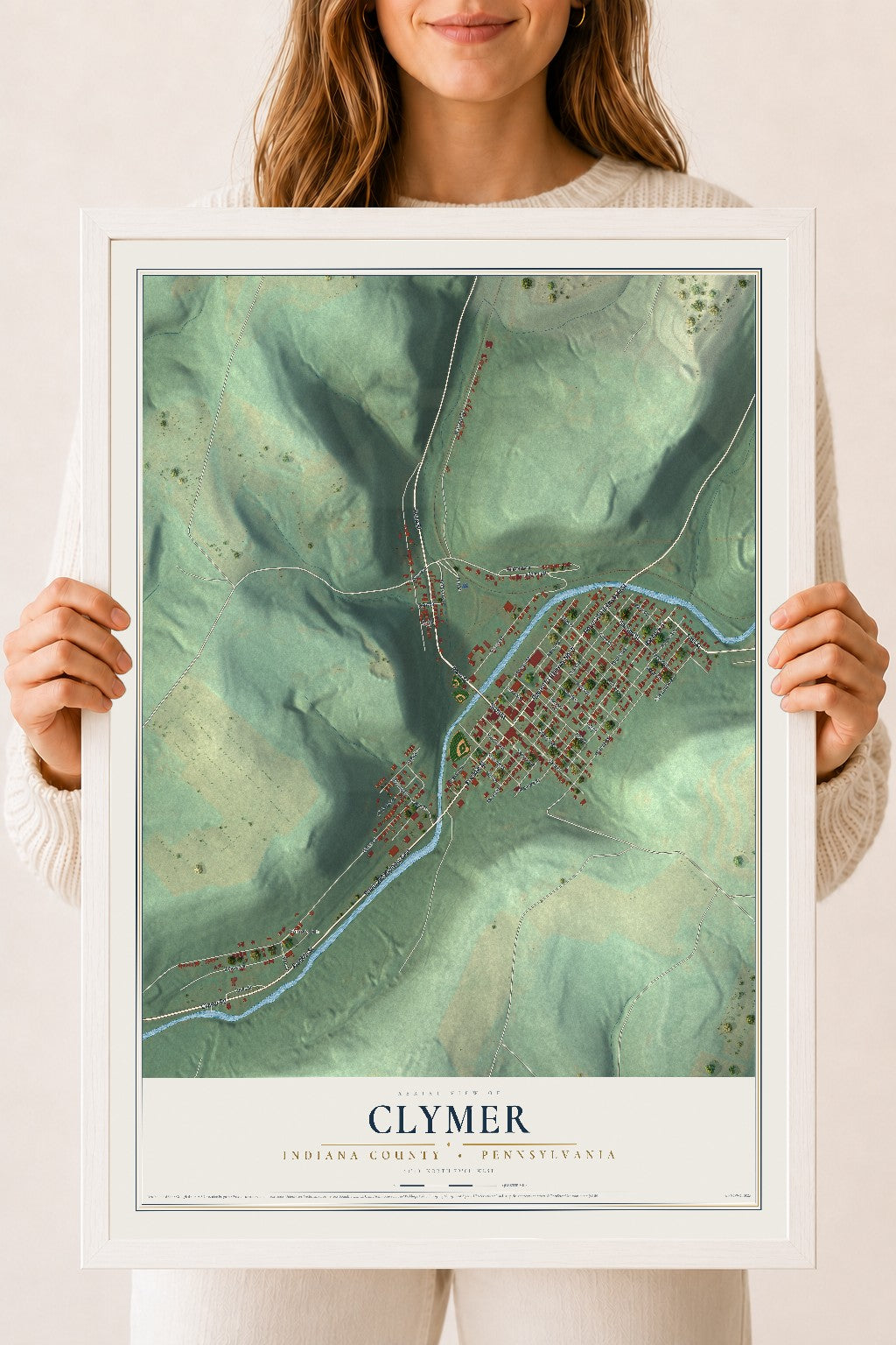 Map of Clymer, Indiana County, Pennsylvania, 18 x 24 inch print in a white wood frame