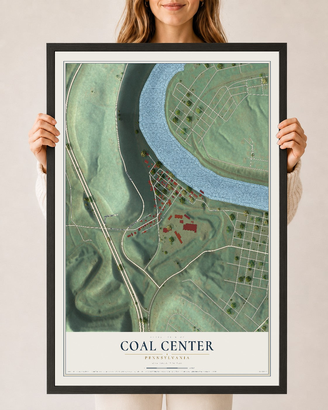 Map of Coal Center, Pennsylvania, 24 x 36 inch print in a black wood frame