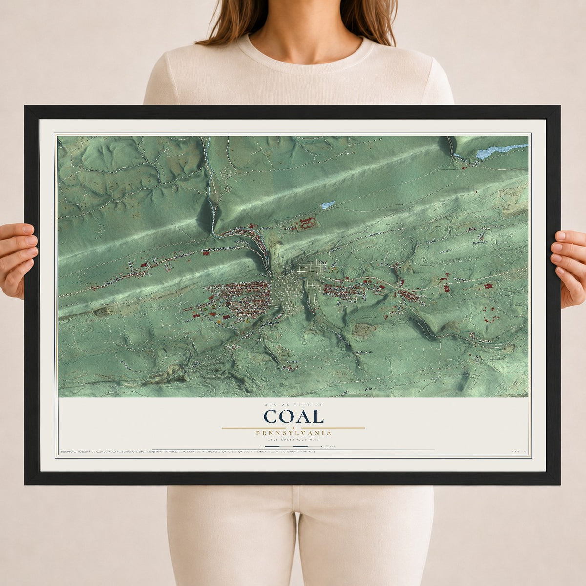 Map of Coal, Pennsylvania, 18 x 24 inch print in a black wood frame
