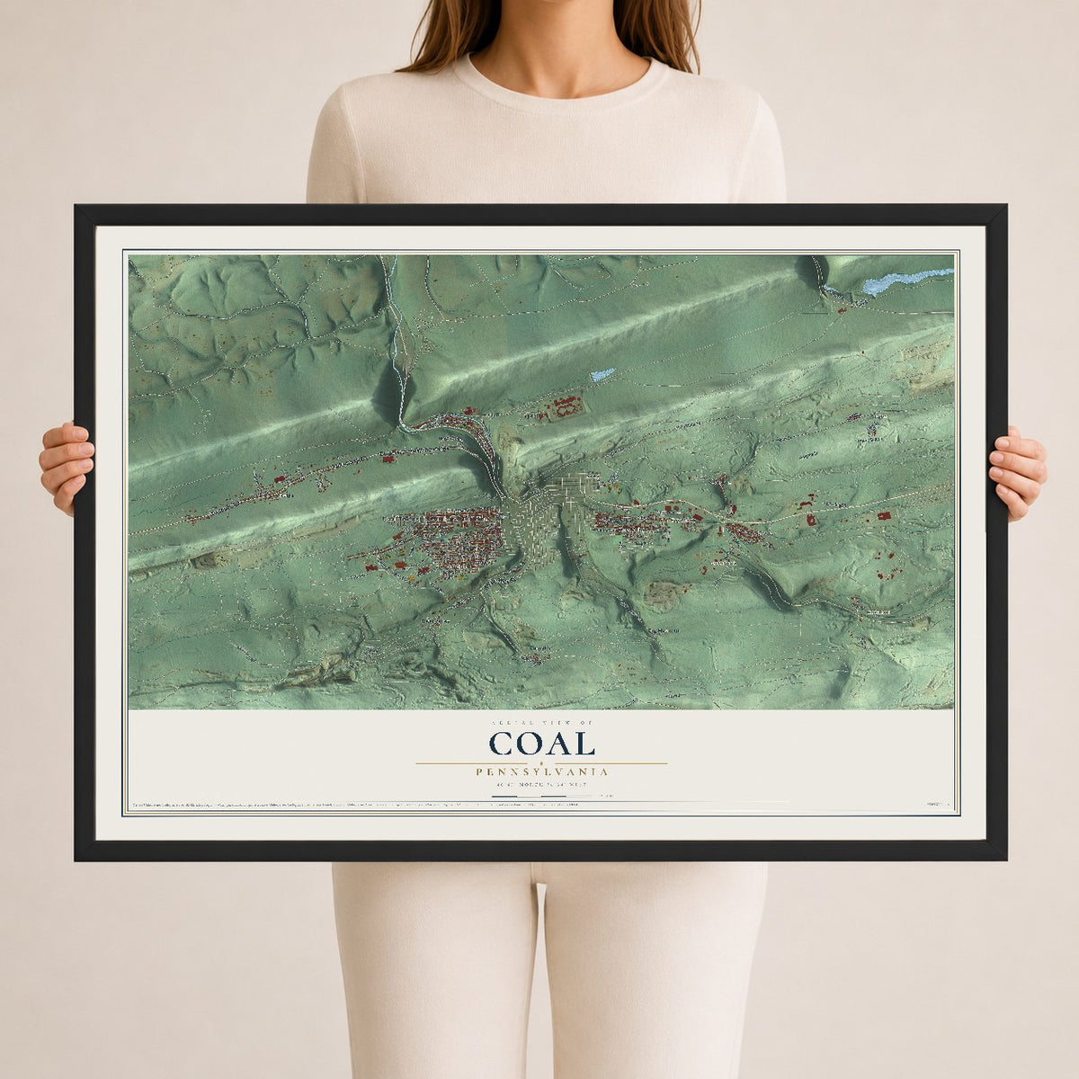 Map of Coal, Pennsylvania, 24 x 36 inch print in a black wood frame