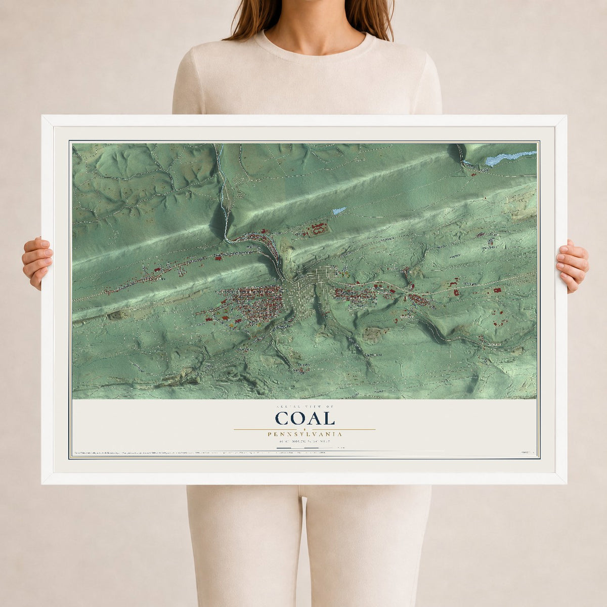 Map of Coal, Pennsylvania, 24 x 36 inch print in a white wood frame