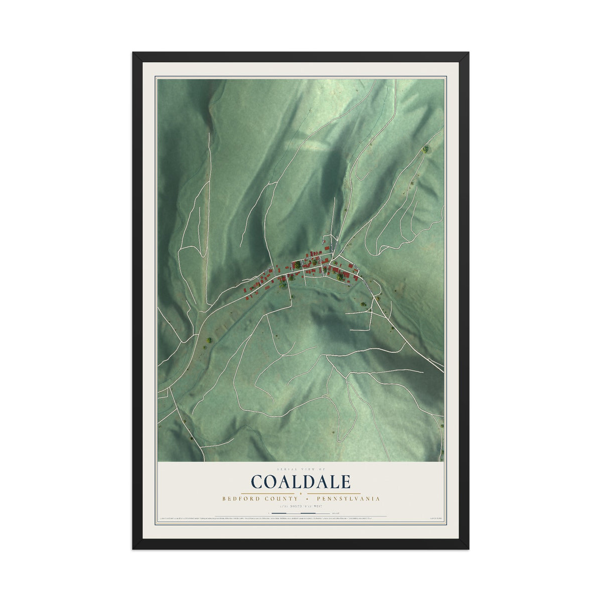 Map of Coaldale, Bedford County, Pennsylvania, 12 x 18 inch print in a black wood frame