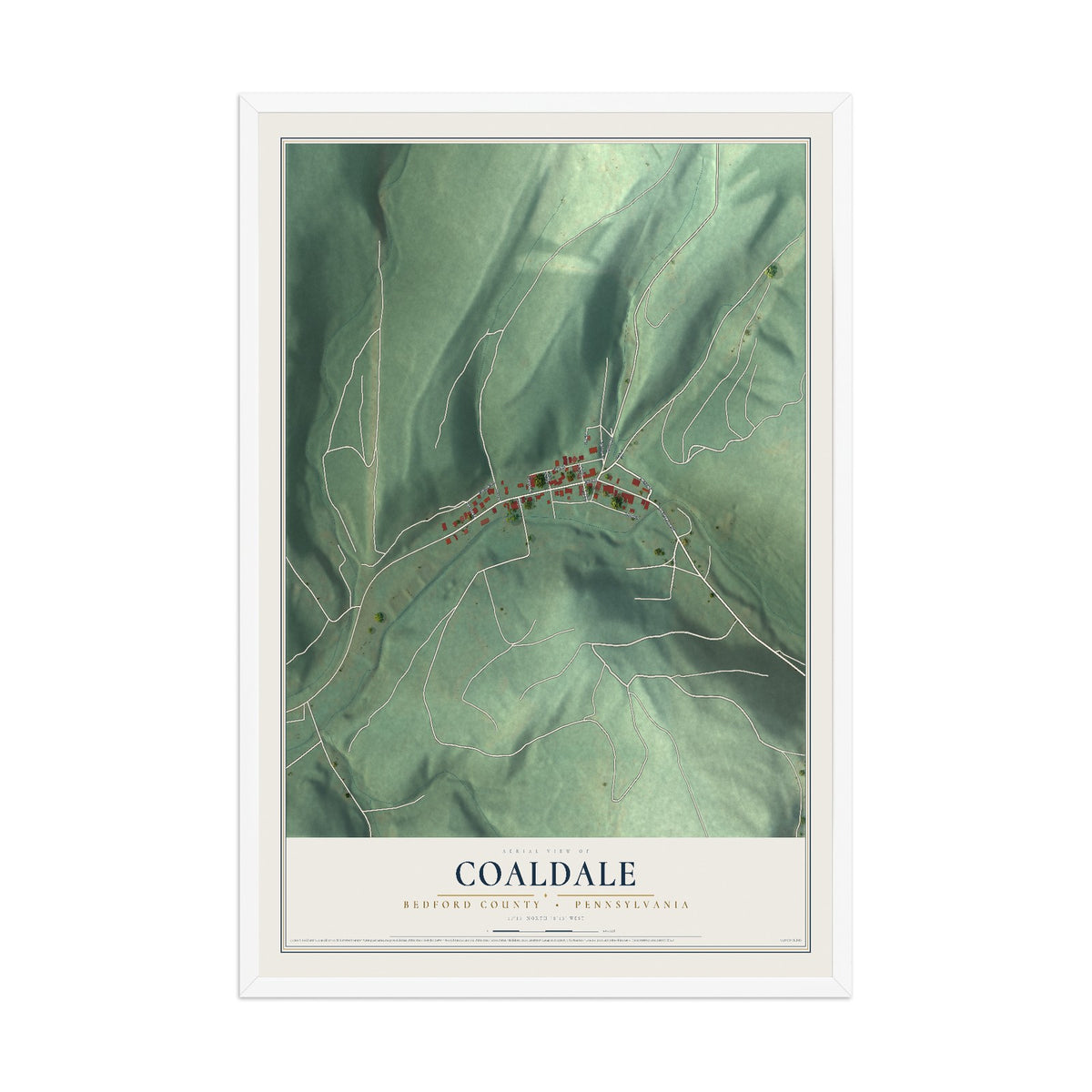 Map of Coaldale, Bedford County, Pennsylvania, 12 x 18 inch print in a white wood frame