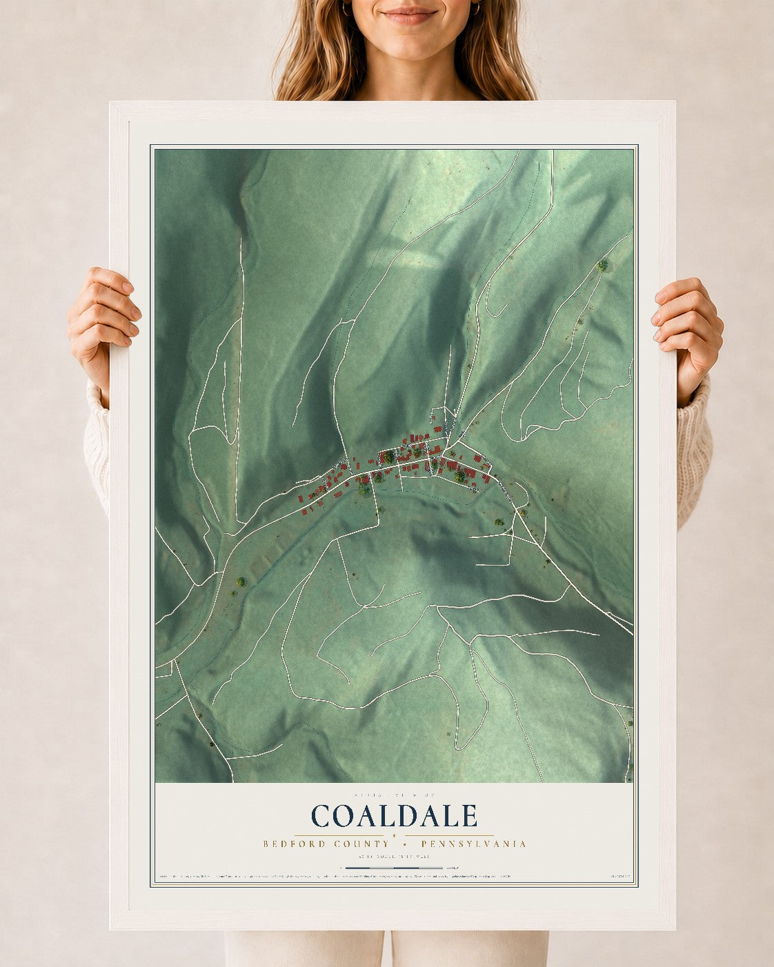 Map of Coaldale, Bedford County, Pennsylvania, 24 x 36 inch print in a white wood frame