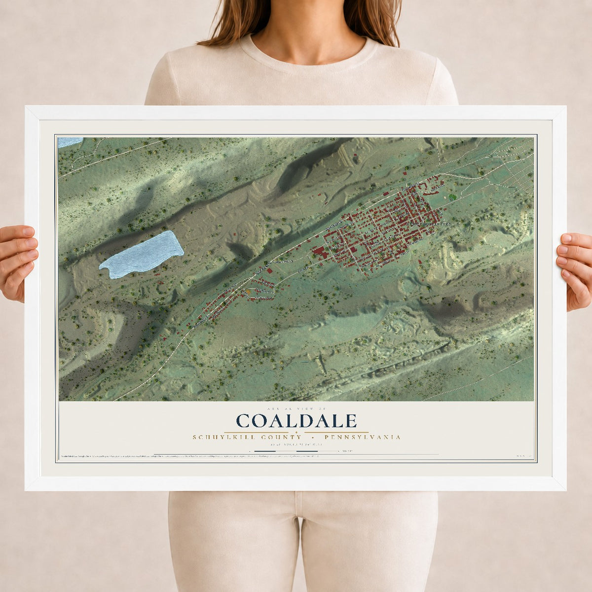 Map of Coaldale, Schuylkill County, Pennsylvania, 18 x 24 inch print in a white wood frame