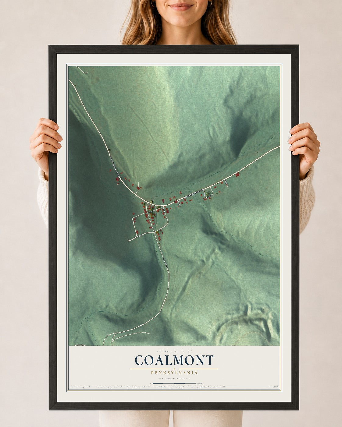 Map of Coalmont, Pennsylvania, 24 x 36 inch print in a black wood frame