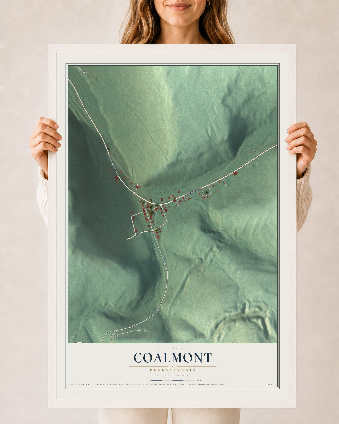 Map of Coalmont, Pennsylvania, 24 x 36 inch print in a white wood frame