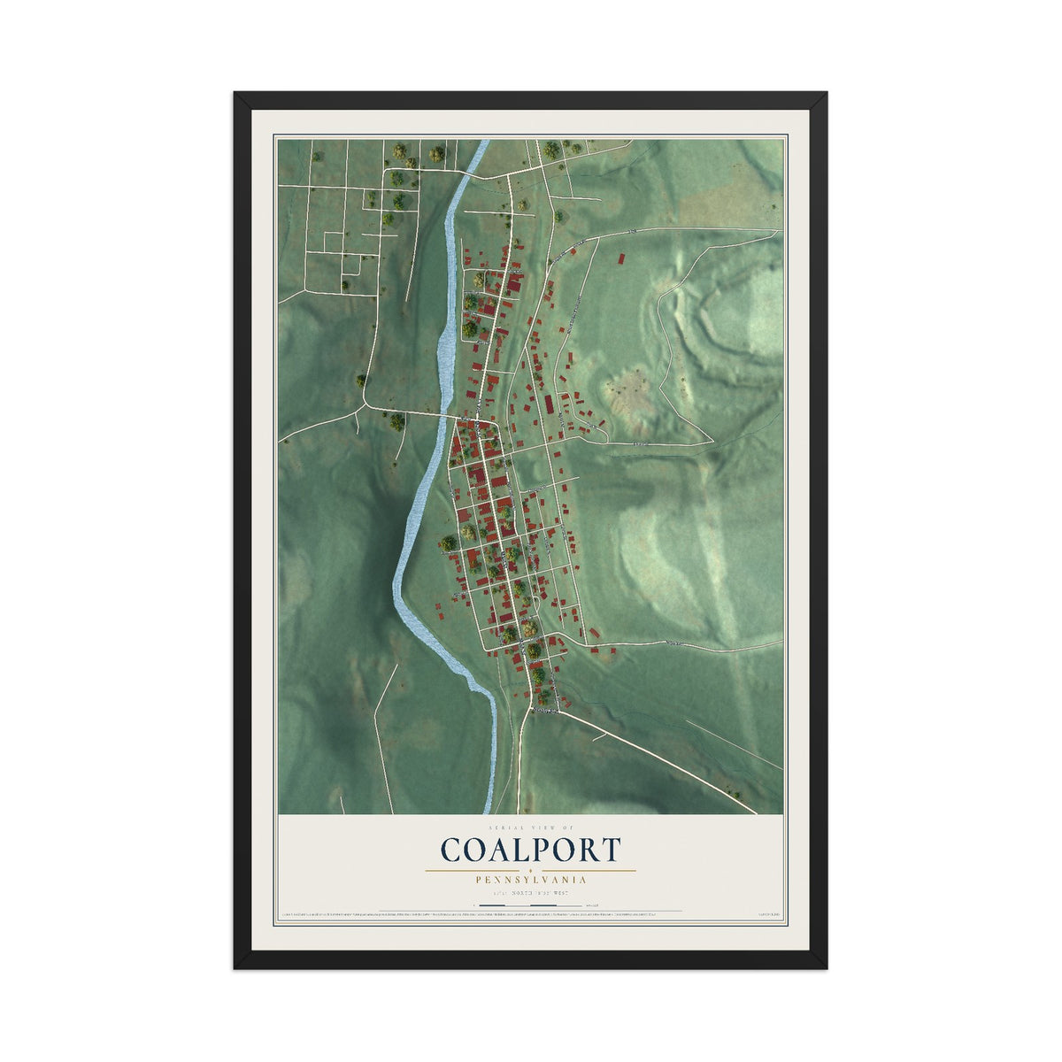 Map of Coalport, Pennsylvania, 12 x 18 inch print in a black wood frame