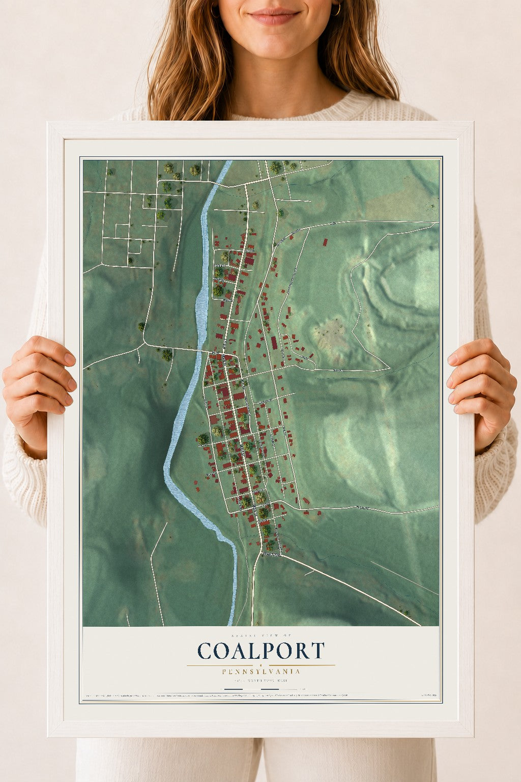 Map of Coalport, Pennsylvania, 18 x 24 inch print in a white wood frame