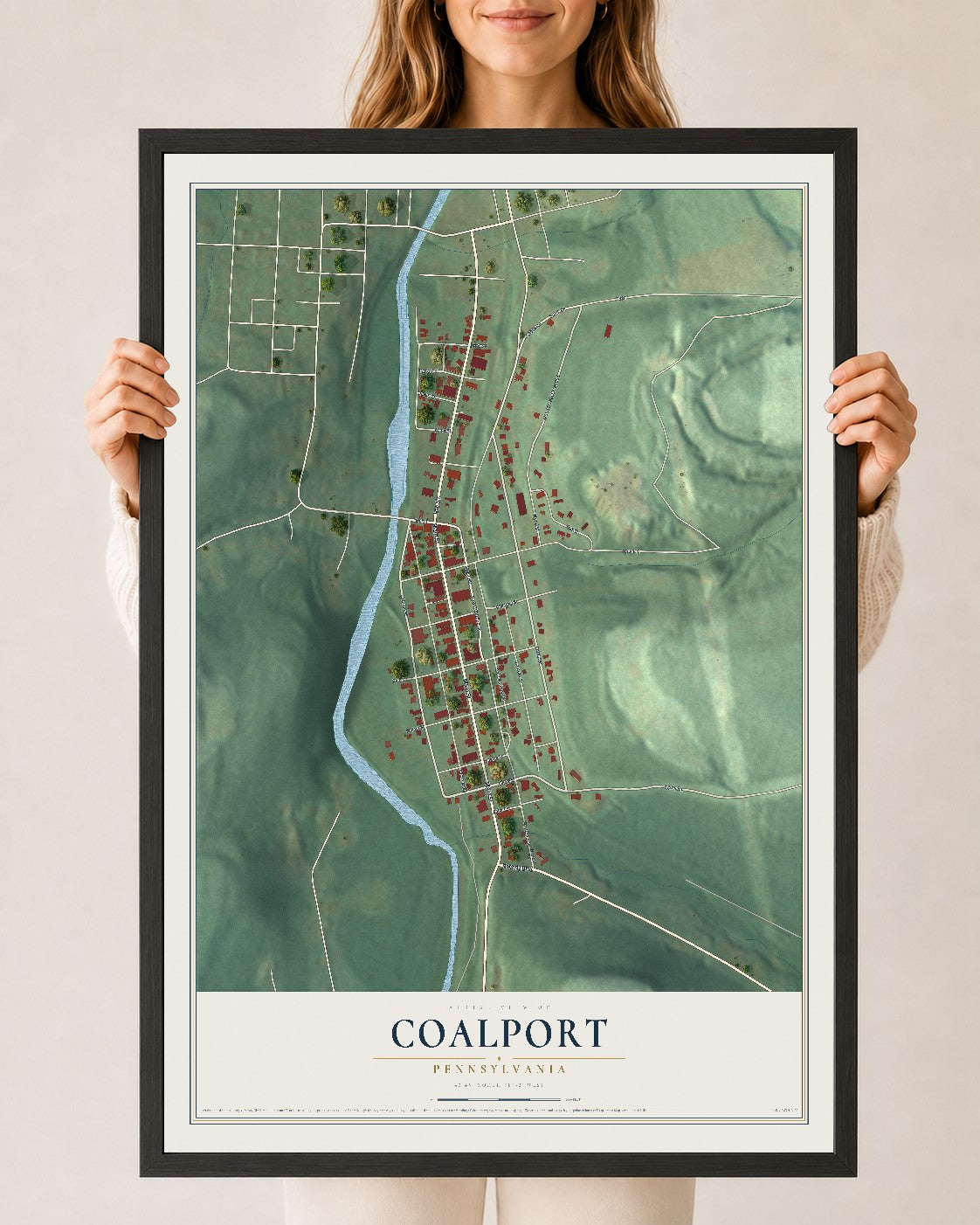 Map of Coalport, Pennsylvania, 24 x 36 inch print in a black wood frame