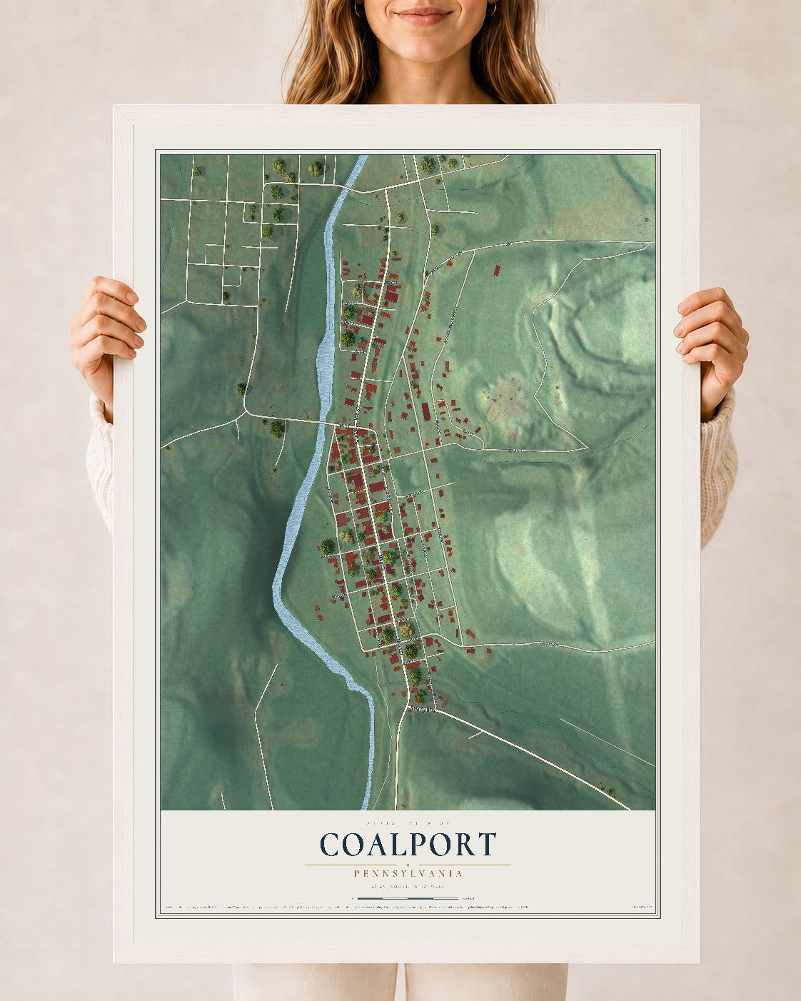 Map of Coalport, Pennsylvania, 24 x 36 inch print in a white wood frame