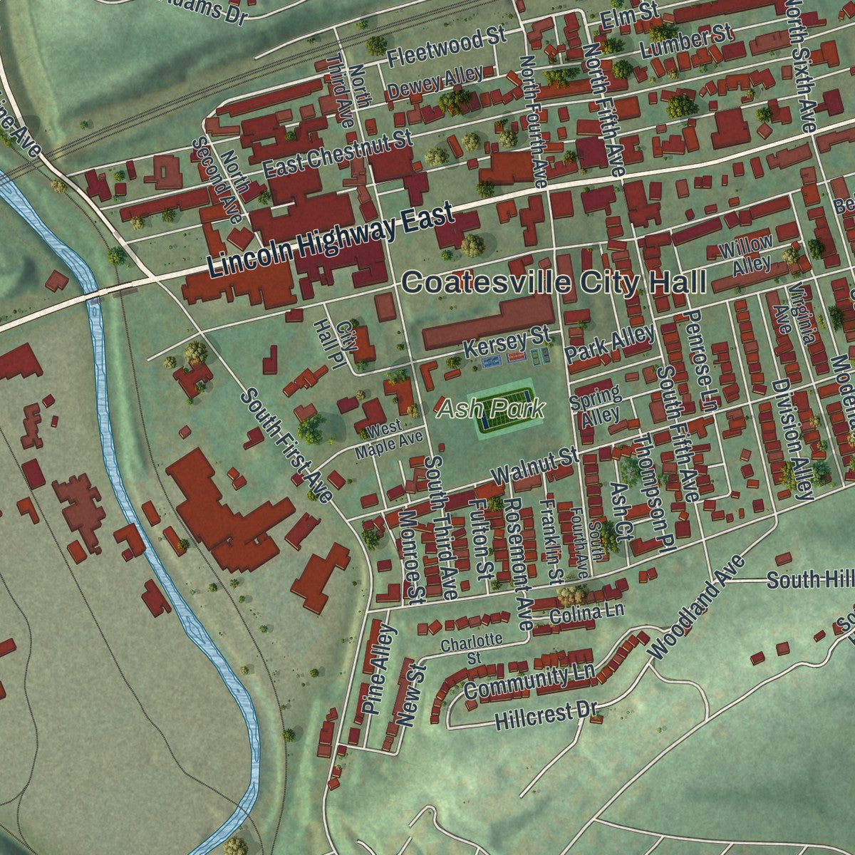 Close-up of the map of Coatesville, Pennsylvania print showing street and building detail