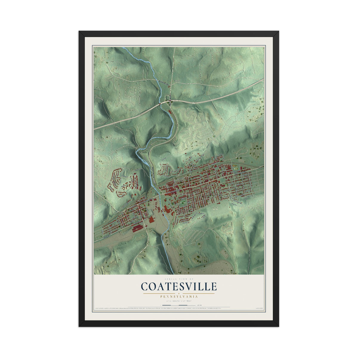 Map of Coatesville, Pennsylvania, 12 x 18 inch print in a black wood frame