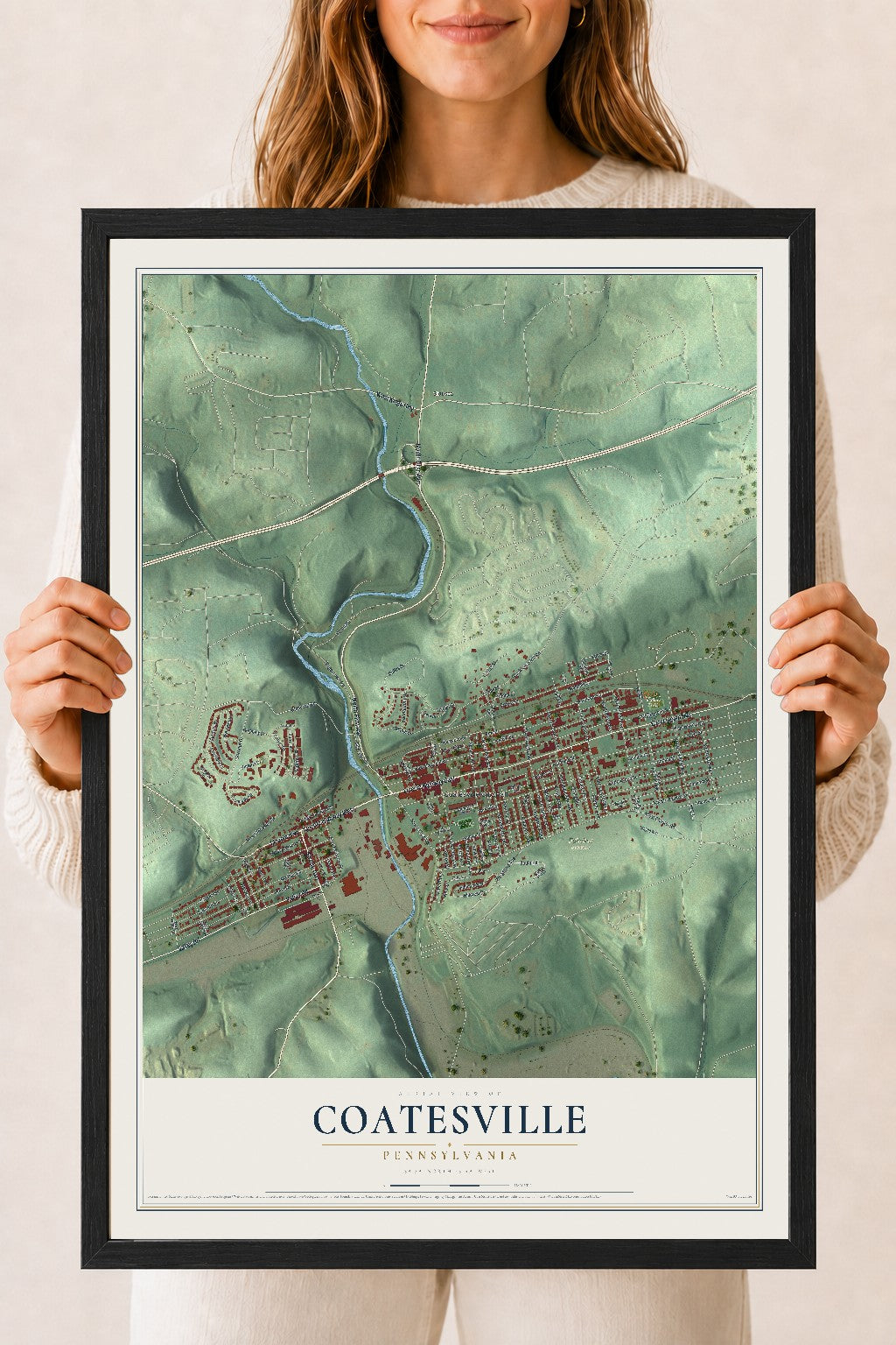 Map of Coatesville, Pennsylvania, 18 x 24 inch print in a black wood frame