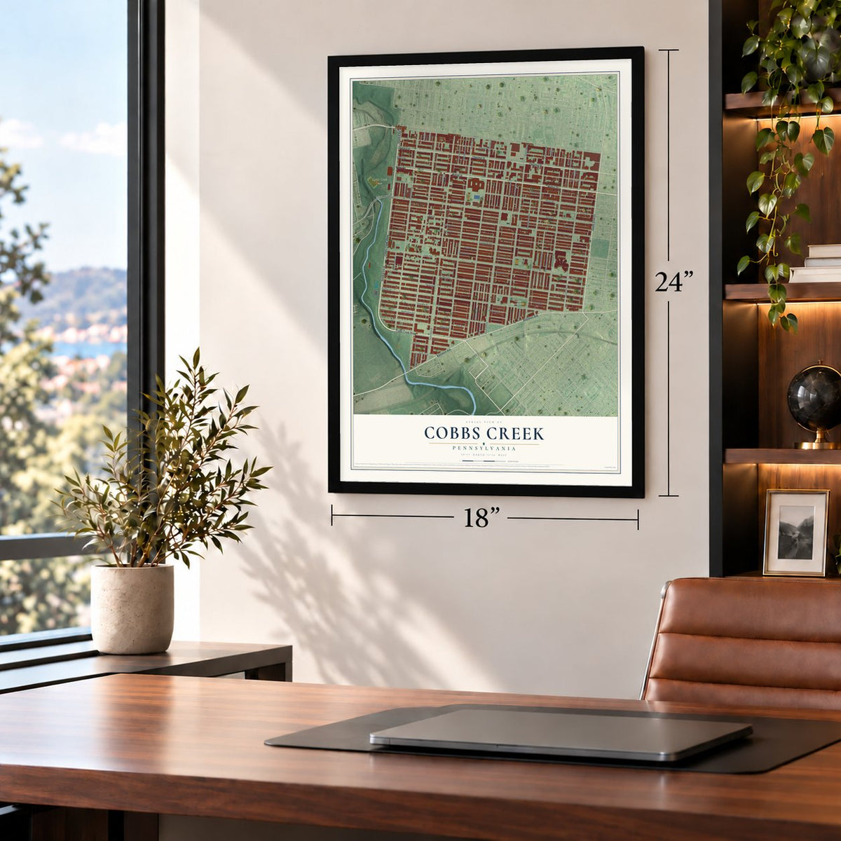 Cobbs Creek, Pennsylvania map, 18 x 24 inch print in a black frame in a home office