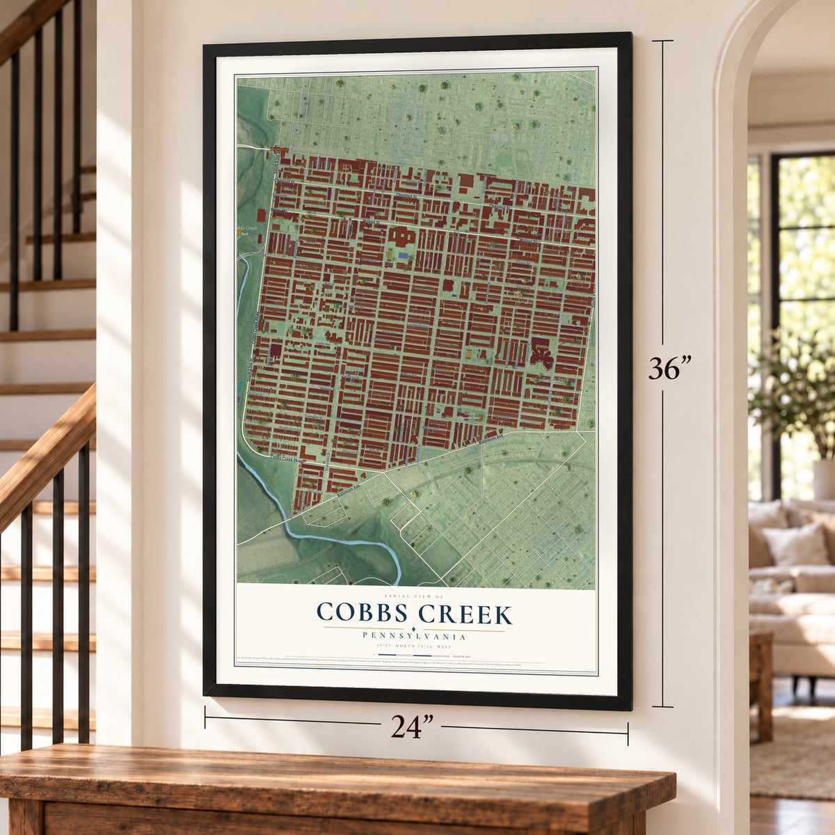Cobbs Creek, Pennsylvania map, 24 x 36 inch print in a black frame by a staircase