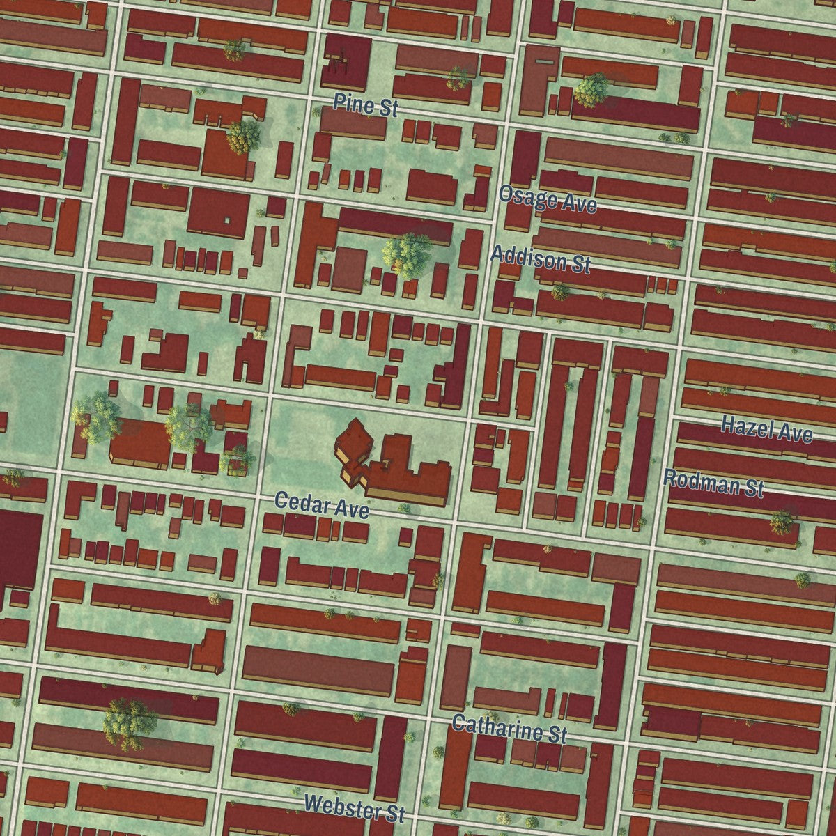 Close-up of the map of Cobbs Creek, Pennsylvania print showing street and building detail
