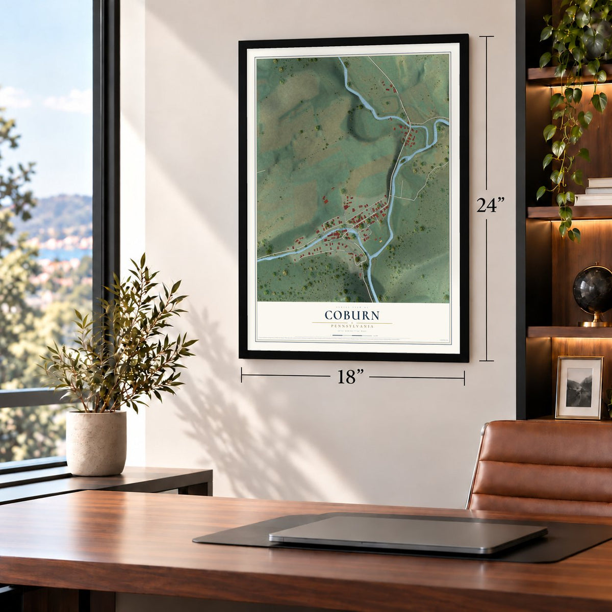 Coburn, Pennsylvania map, 18 x 24 inch print in a black frame in a home office