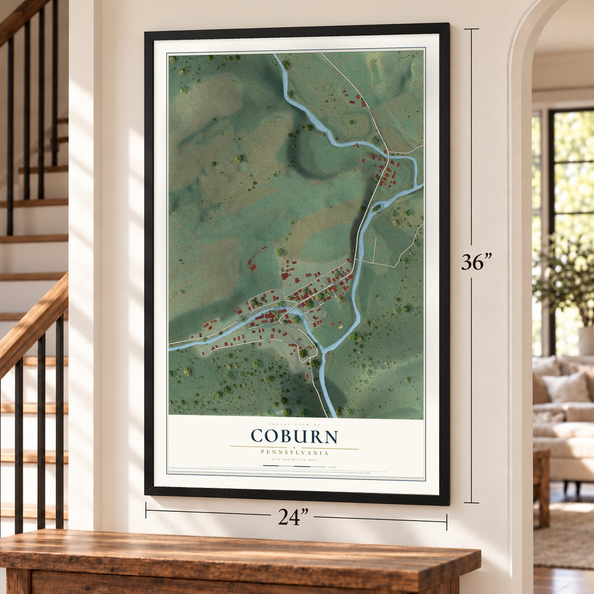 Coburn, Pennsylvania map, 24 x 36 inch print in a black frame by a staircase