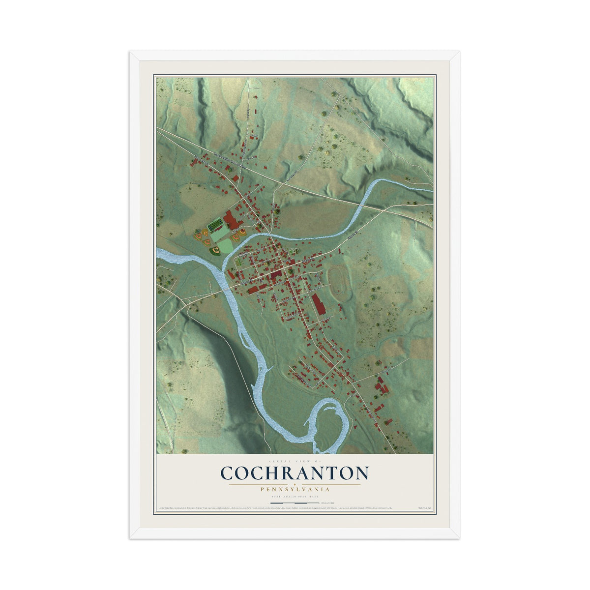 Map of Cochranton, Pennsylvania, 12 x 18 inch print in a white wood frame