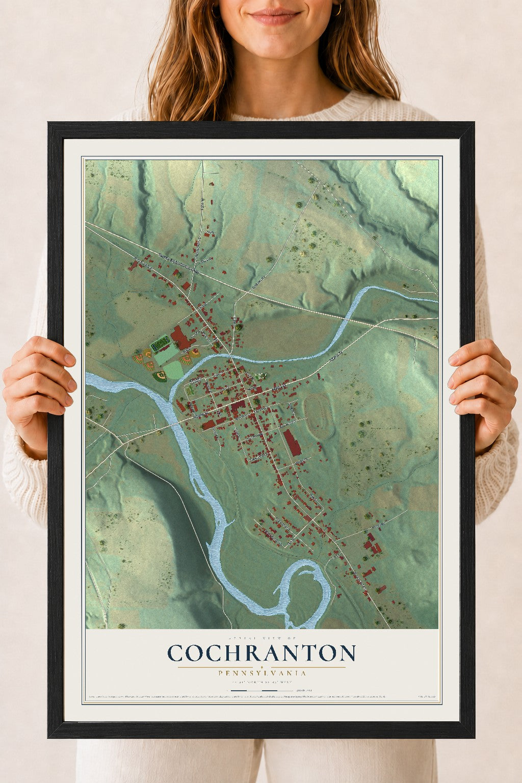 Map of Cochranton, Pennsylvania, 18 x 24 inch print in a black wood frame