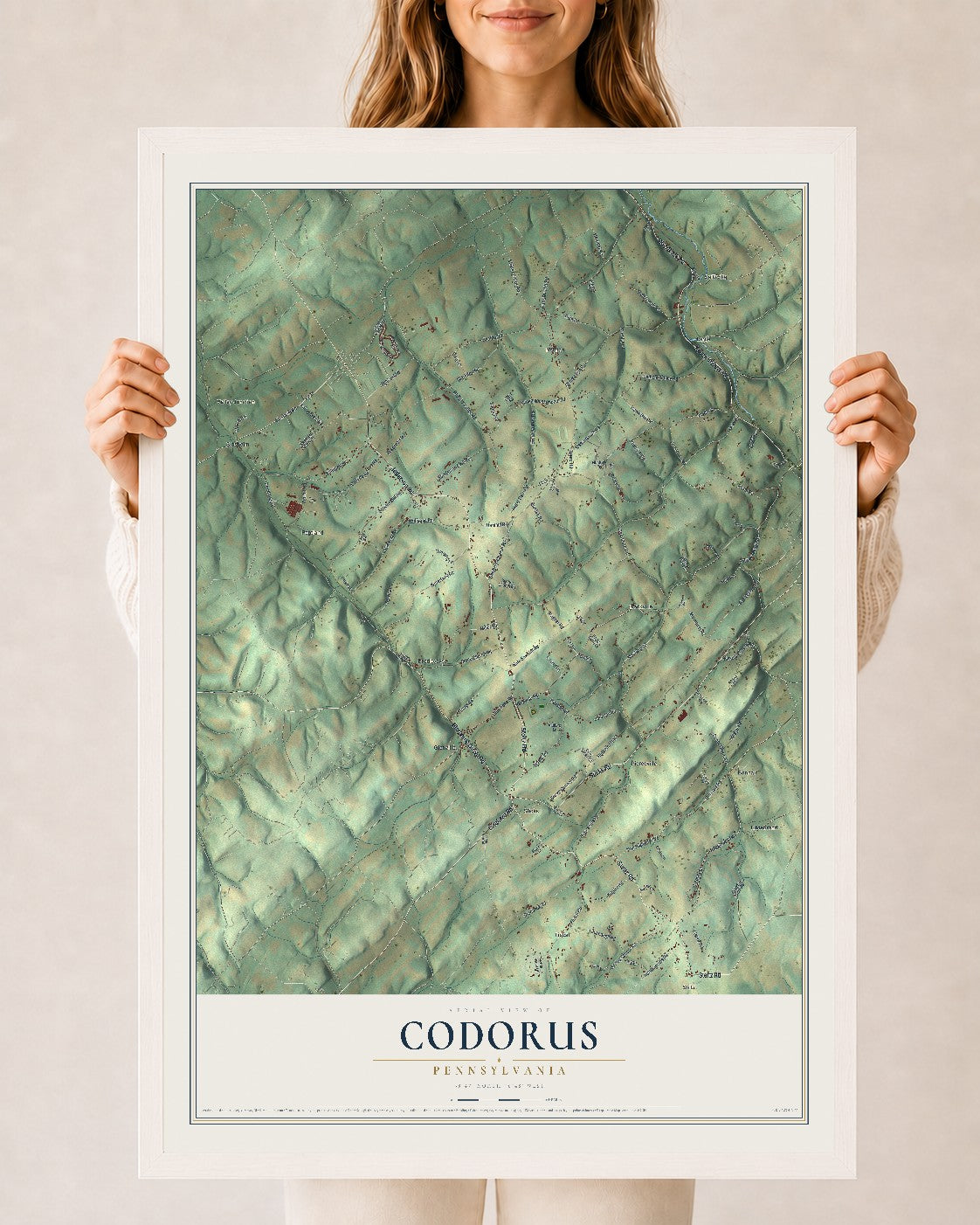 Map of Codorus, Pennsylvania, 24 x 36 inch print in a white wood frame
