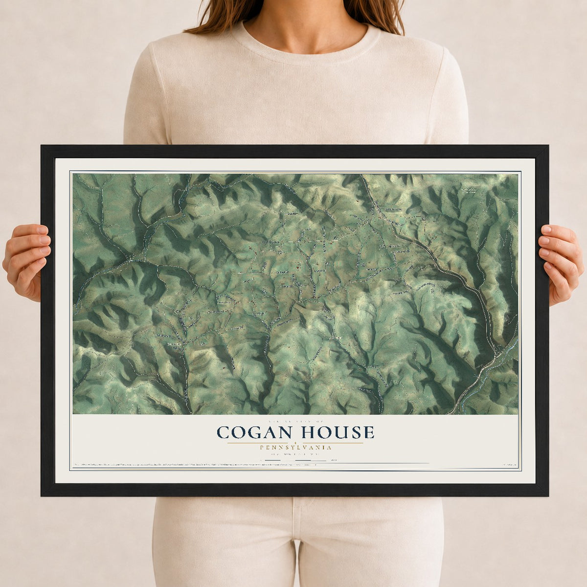 Map of Cogan House, Pennsylvania, 12 x 18 inch print in a black wood frame